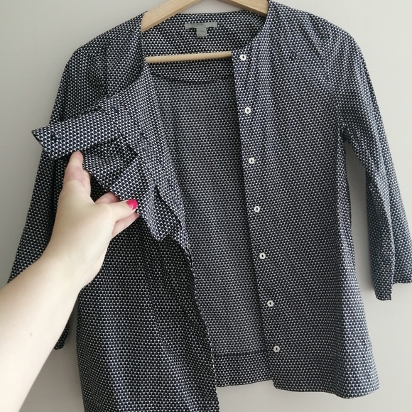 COS Cotton Poplin Ruffle Front Button Blouse Navy White 3/4 Sleeve 34 (XS) - Picture 4 of 16
